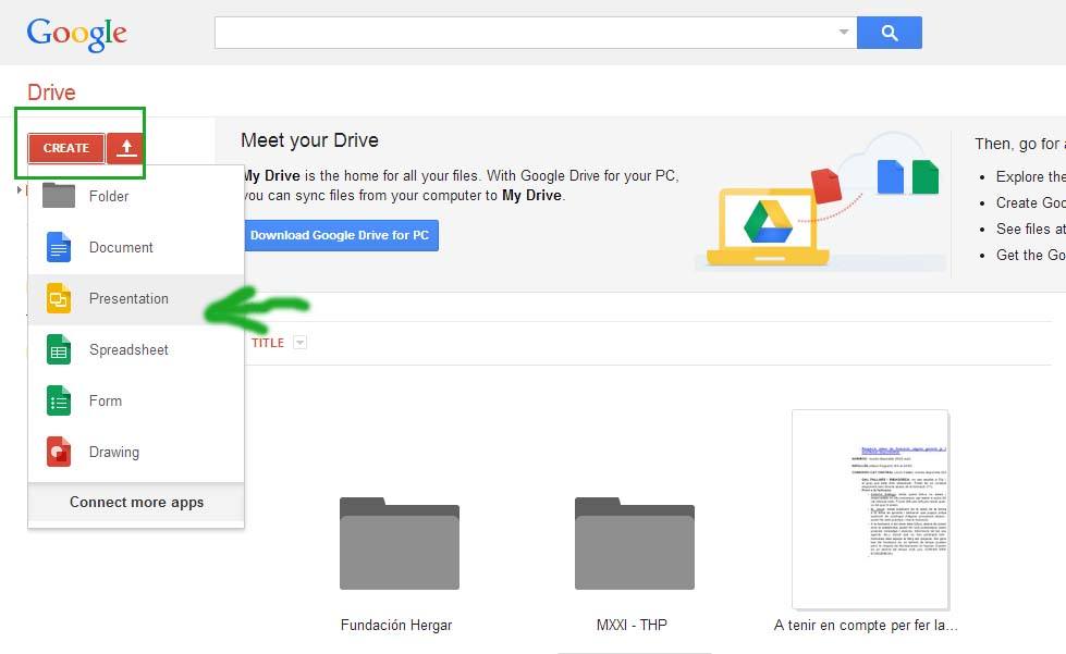 Primer paso para crear una presentación online, crear la presentación en Google Slides