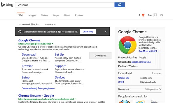 Microsoft utiliza el buscador Bing para recomendar su navegador Edge