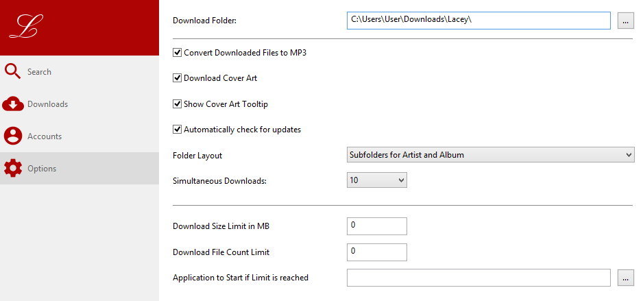 Free Music Downloader permite configurar el software con sus múltiples opciones